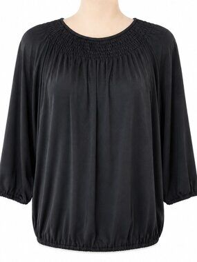 Black Loose Fit Blouse with Smocked Neckline